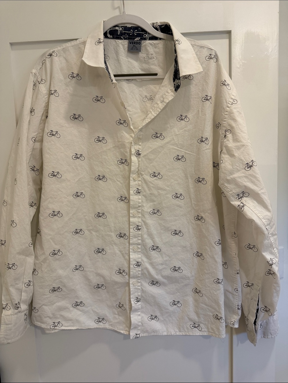 Verdo Linen Cotton Bicycle Print Button Front Shirt Men’s XL White Navy